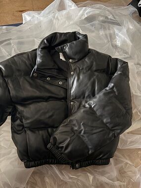 WORN ONCE YITTY Black Quilted Faux-Leather Puffer Jacket, Size S